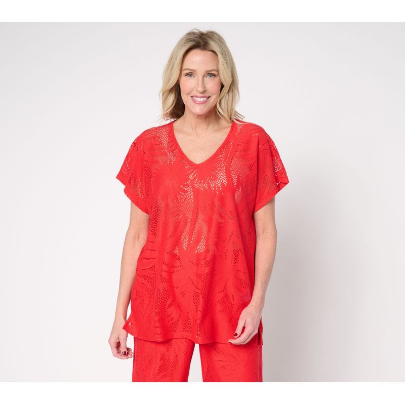 Susan Graver Women's Top Petite Pm Soleil Lace Knit Tunic Red A683081